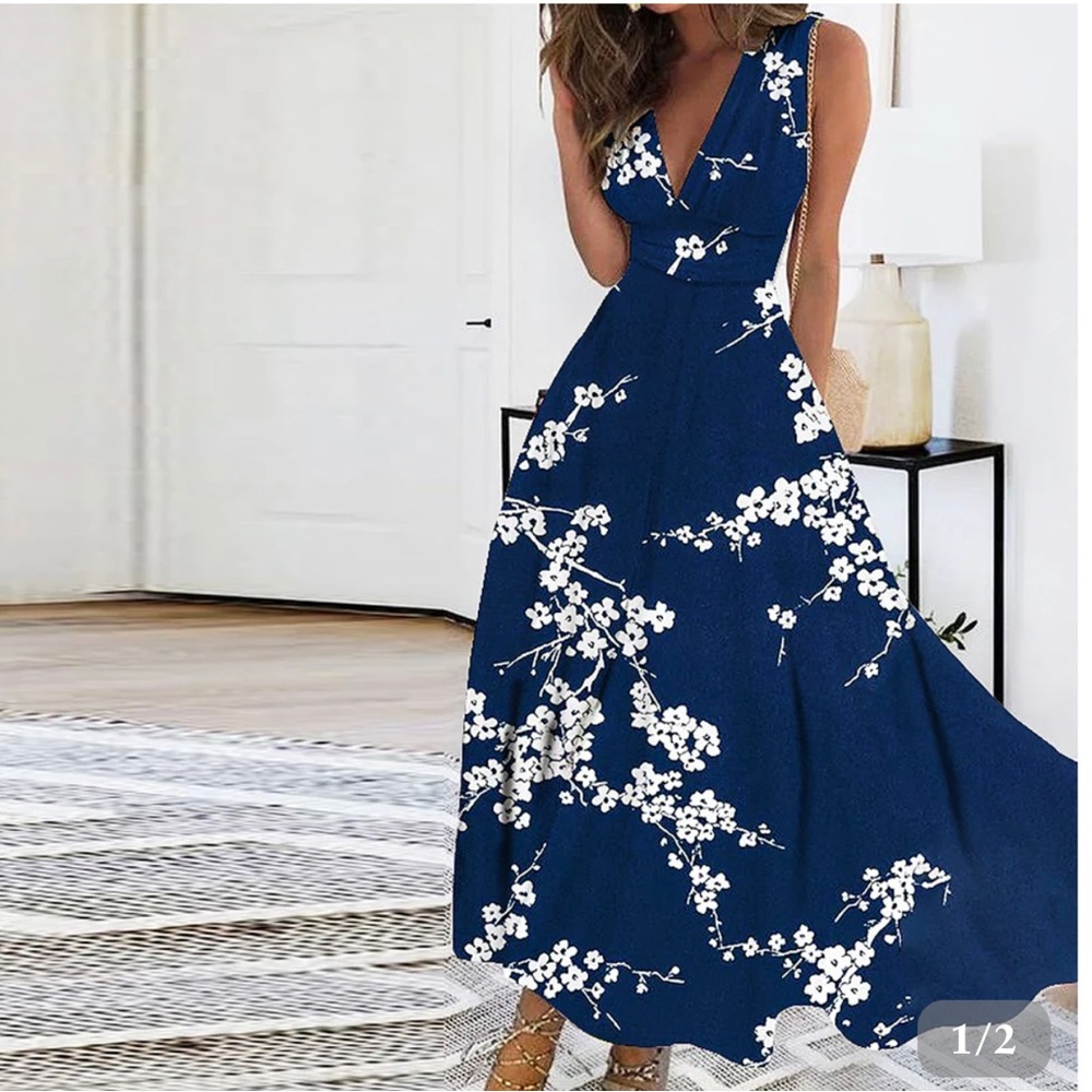 COPY - Floral, Maxi length, baby blue dress. NWT